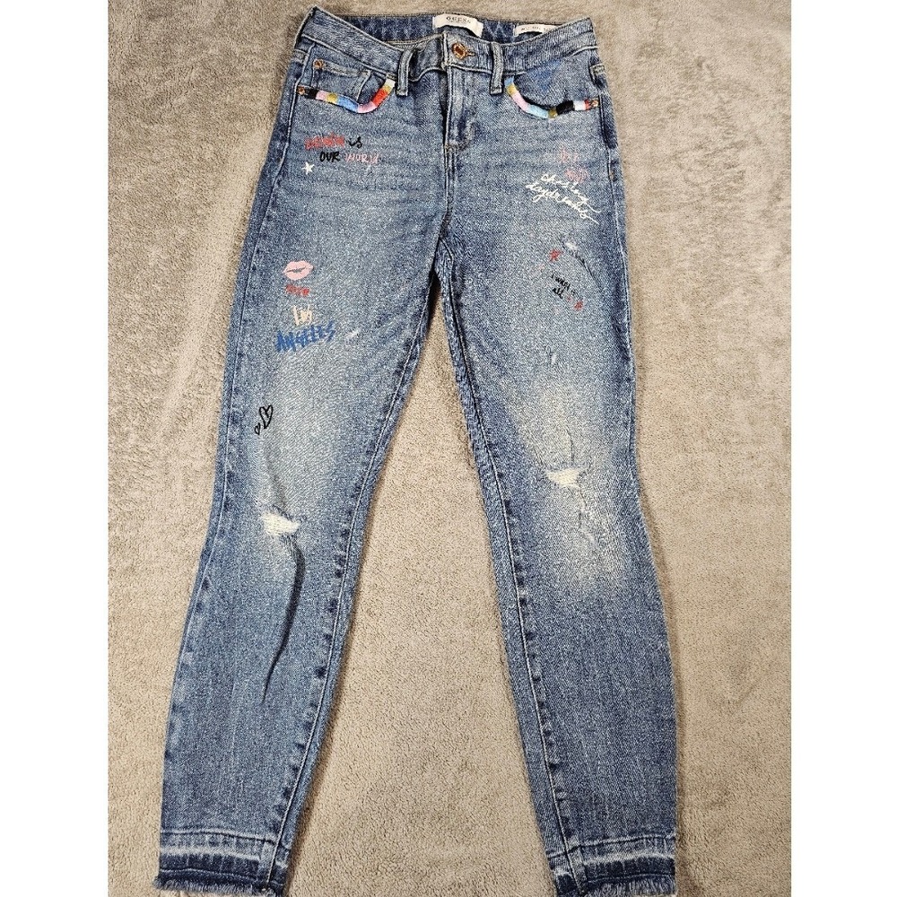 GUESS Y2K Embroidered Skinny Jeans Rainbow Loops Distressed Graffiti Coquette 25